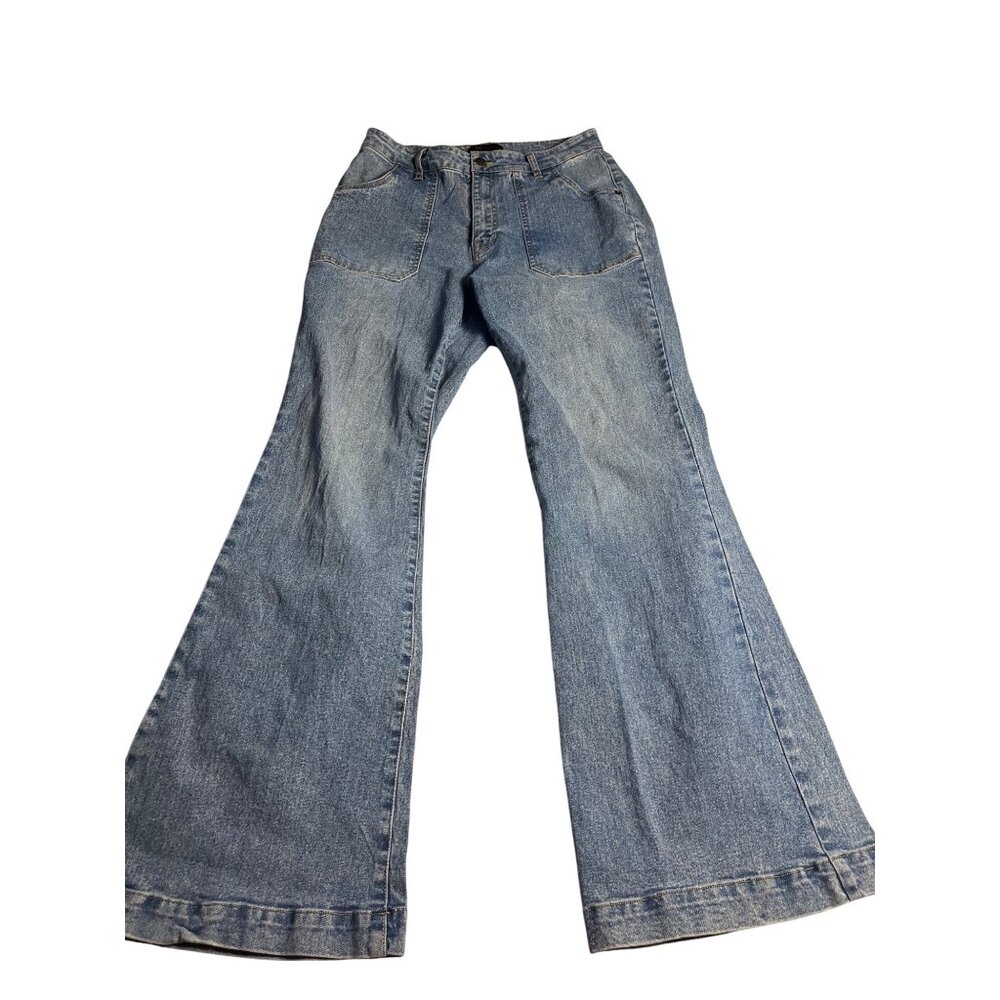 Frye Womens Wide-Leg Denim Jeans Size 28 boho leather patch logo on back